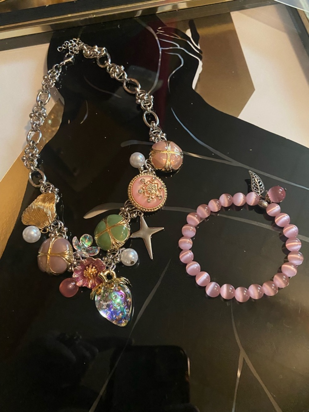 Pink Multi-Charm Women's Necklace and Cats Eye Bracelet Set - Picture 5 of 11